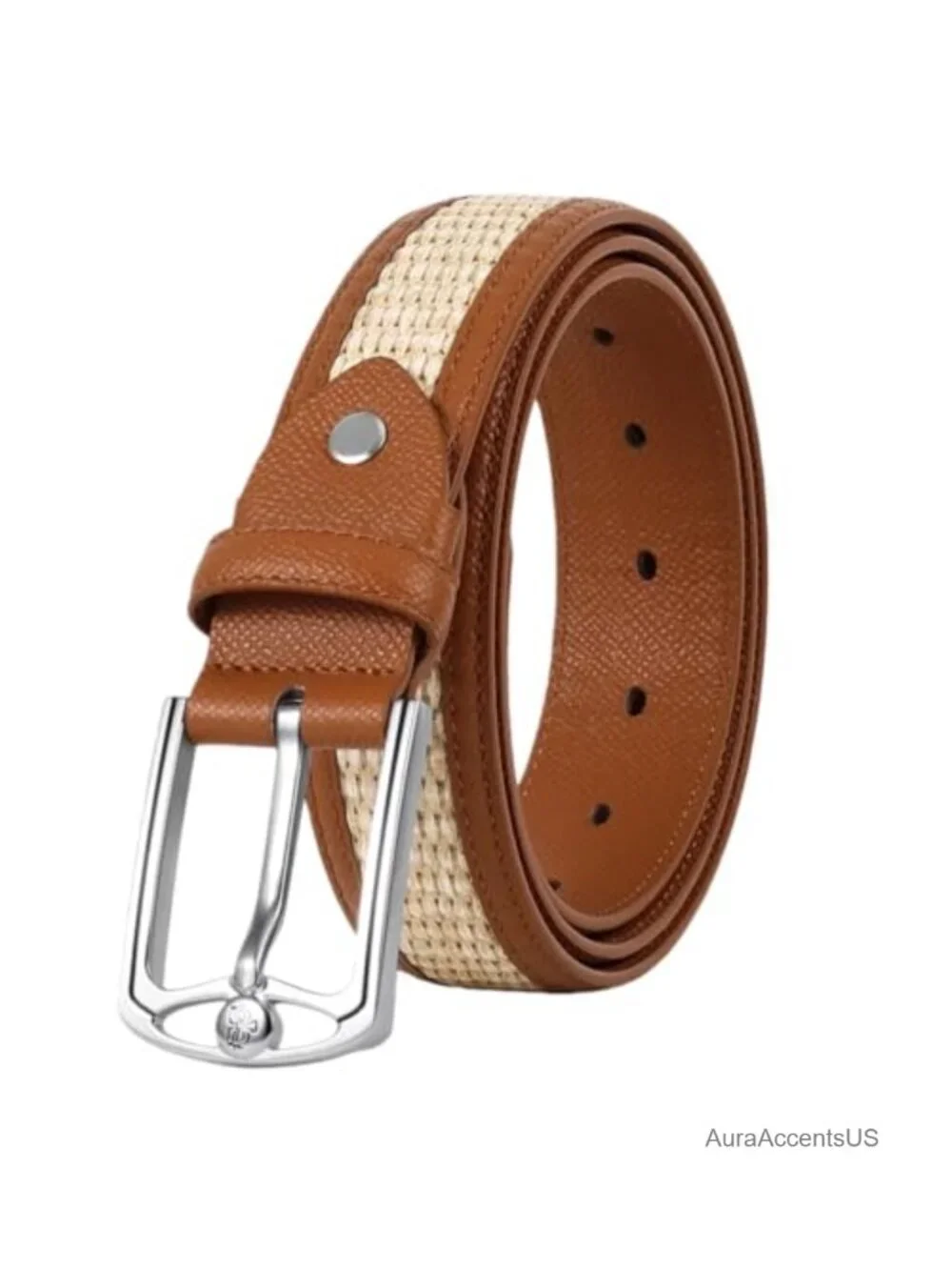 Leather & Woven Fabric Golf Belt with Silver Pin Buckle